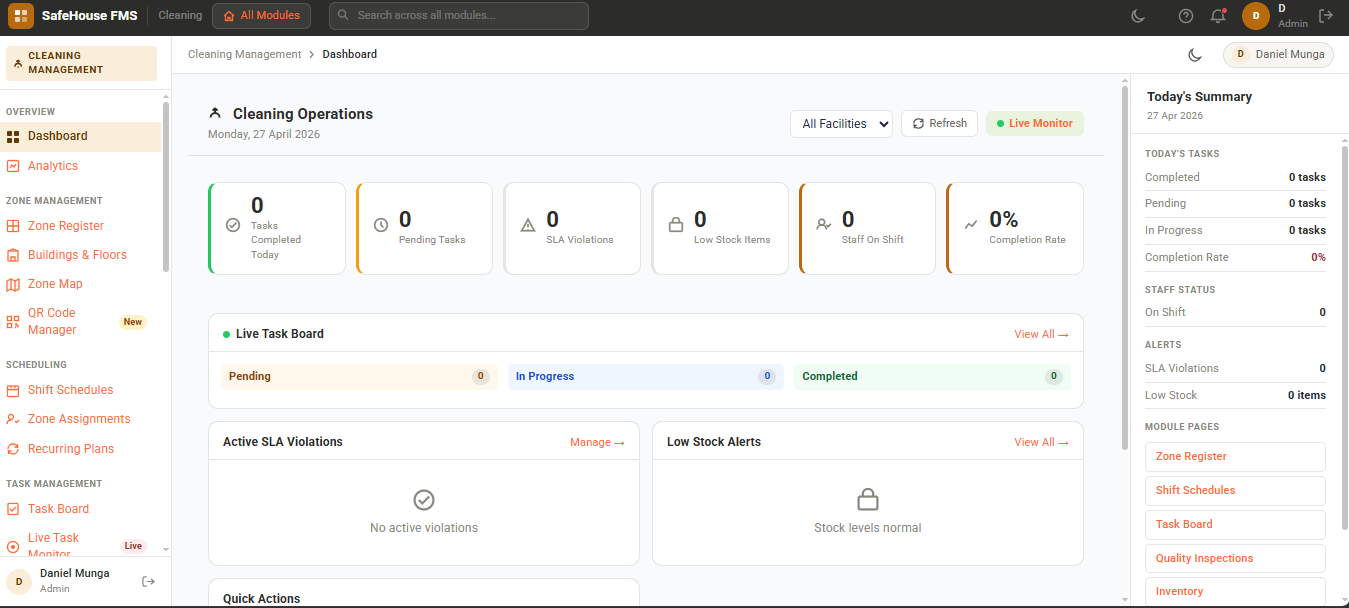 SafePortal Cleaning Board Dashboard