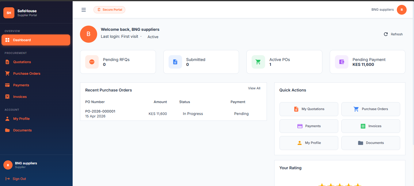 SafePortal Supplier Portal Dashboard